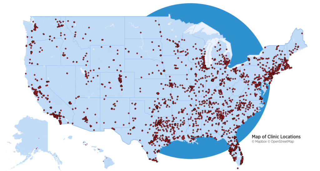 map of Healthcare2U My Direct Primary Care plus clinic locations